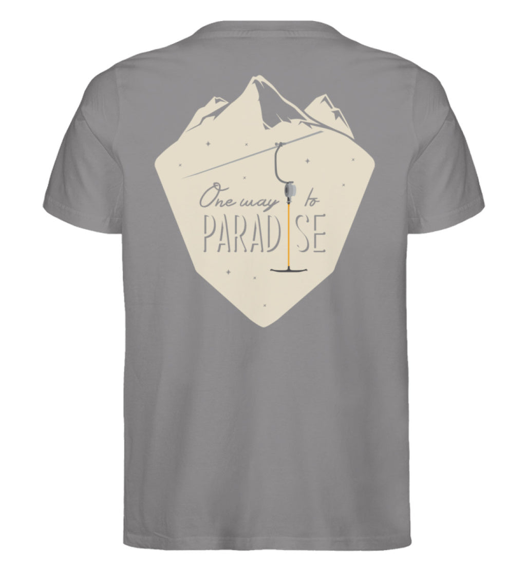 "Paradise" Herren Backprint Shirt von ANKERLIFT© in der Farbe Mid Heather Grey für Skifahrer und Wintersportler.