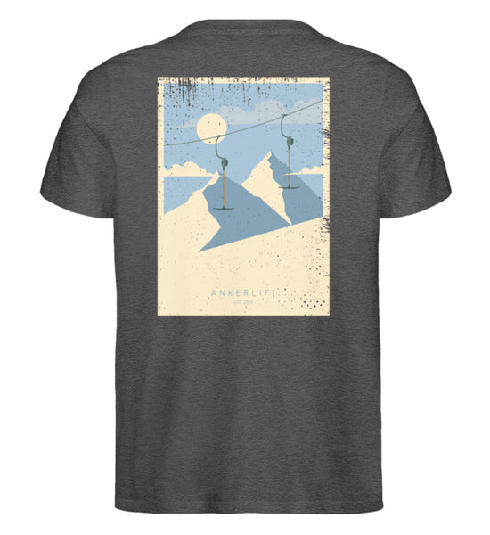 "Bluebird" Herren Backprint Shirt von ANKERLIFT© in der Farbe Dark Heather Grey für Skifahrer und Wintersportler.