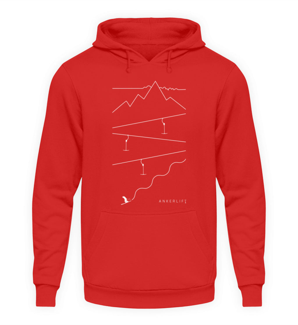 "Spuren" Unisex Hoodie in der Farbe Fire Red von ANKERLIFT für Wintersportler